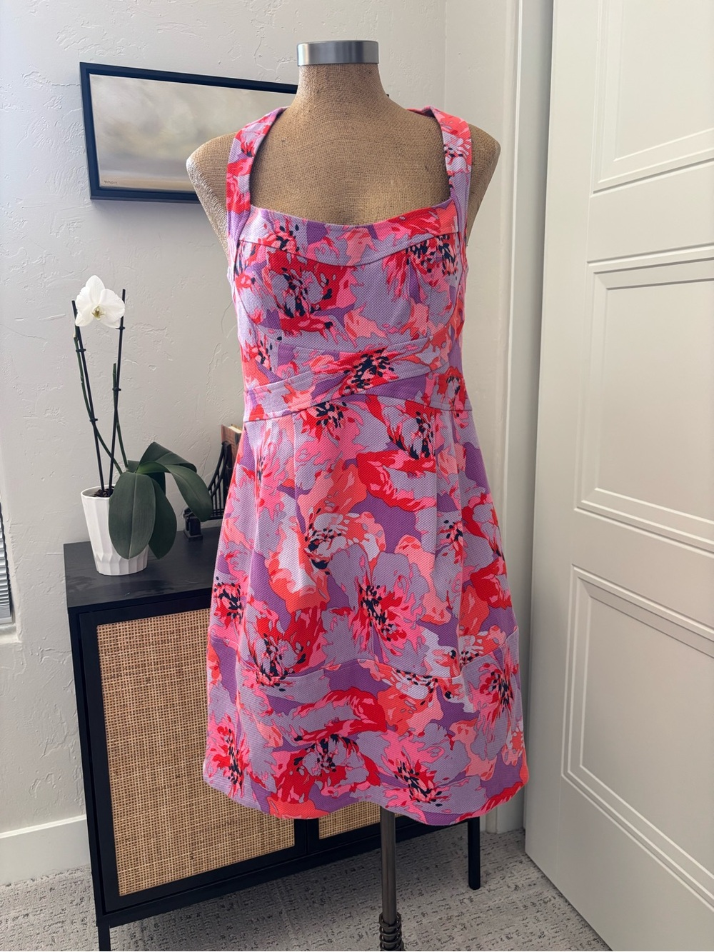 Nanette Lepore Lavender and Coral Floral Halter Dress